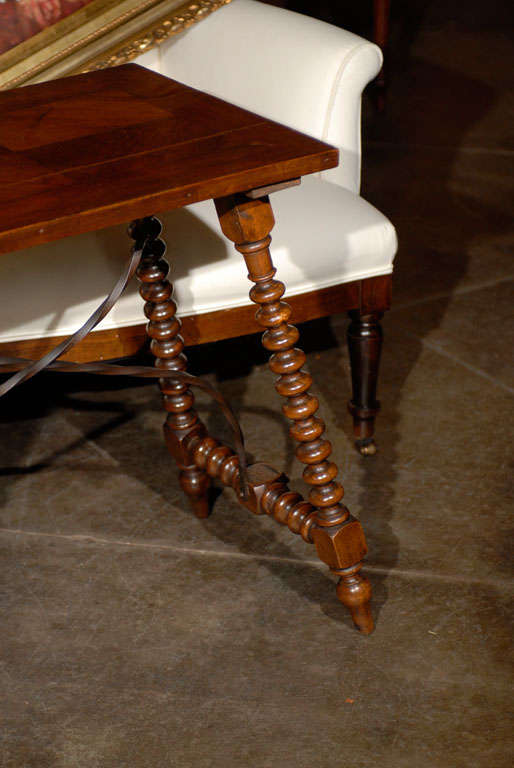 20th Century Spanish Late Renaissance Style Table with Bobbin Legs and Iron Stretcher, 1900s