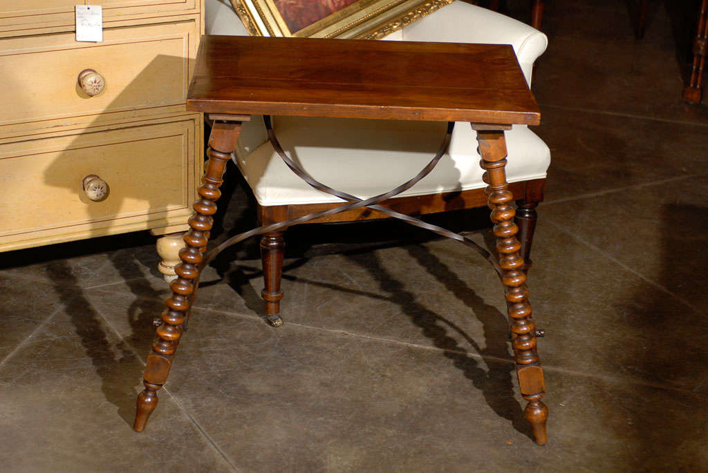 Wrought Iron Spanish Late Renaissance Style Table with Bobbin Legs and Iron Stretcher, 1900s