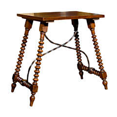 Antique Spanish Late Renaissance Style Table with Bobbin Legs and Iron Stretcher, 1900s