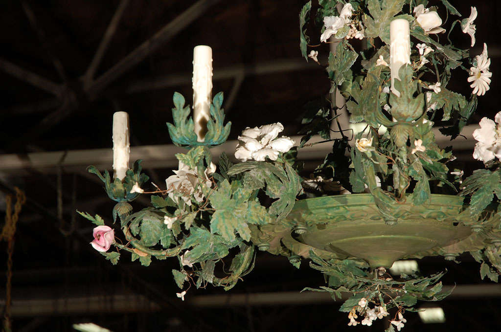 20th Century C. 1920 Italian Tole Chandelier with Bisque Flowers For Sale