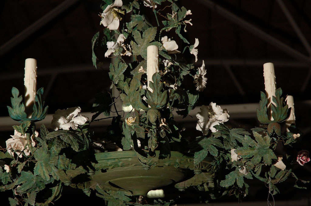 Tôle C. 1920 Italian Tole Chandelier with Bisque Flowers For Sale