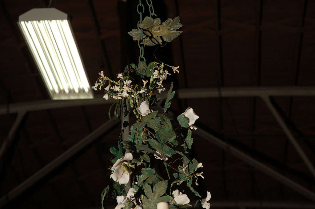 C. 1920 Italian Tole Chandelier with Bisque Flowers For Sale 1