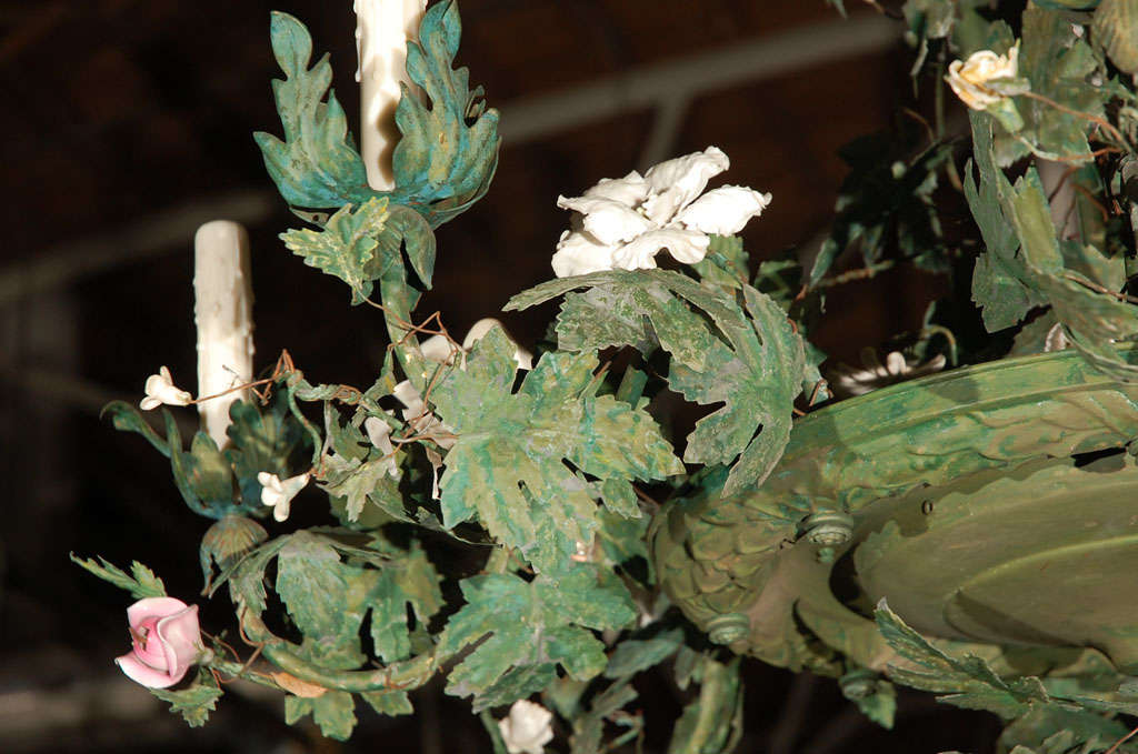 C. 1920 Italian Tole Chandelier with Bisque Flowers For Sale 2