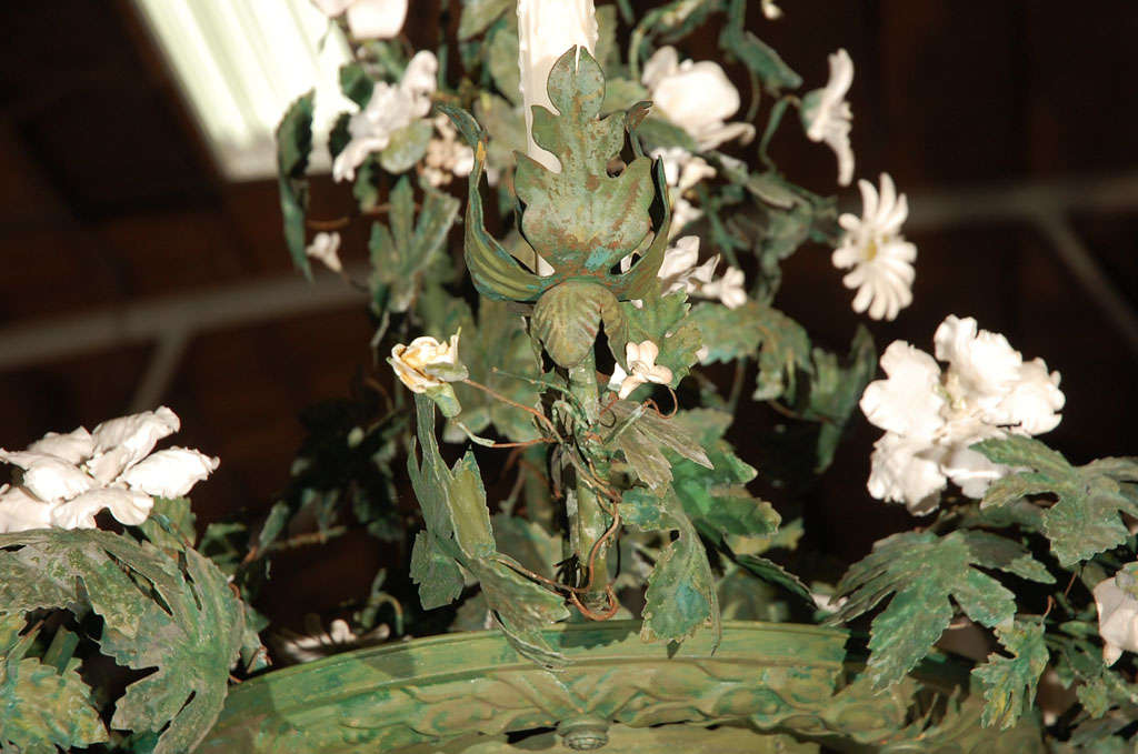 C. 1920 Italian Tole Chandelier with Bisque Flowers For Sale 3