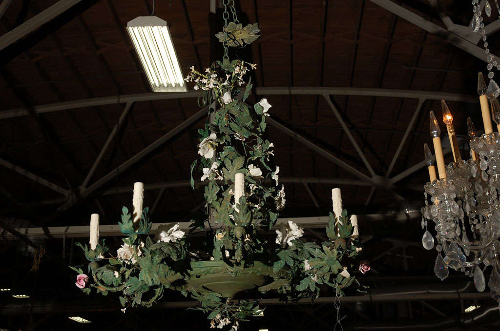 C. 1920 Italian Tole Chandelier with Bisque Flowers