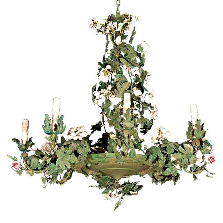 C. 1920 Italian Tole Chandelier with Bisque Flowers For Sale