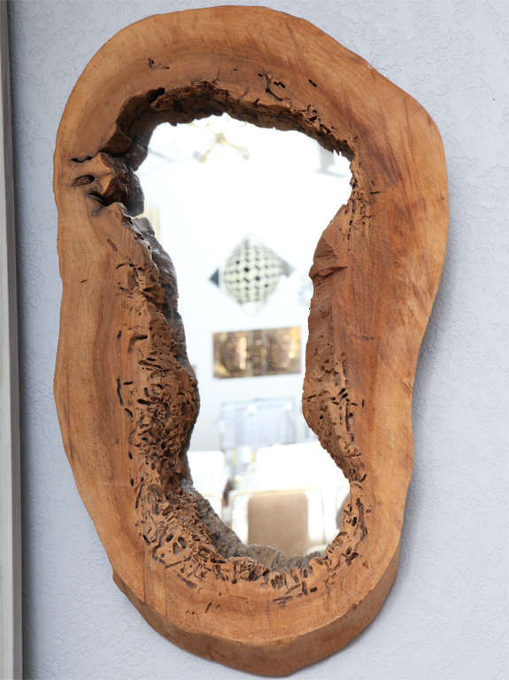 Natural wormholes add delicate pattern and texture to this free-form mirror, created from a tree stump slice.
