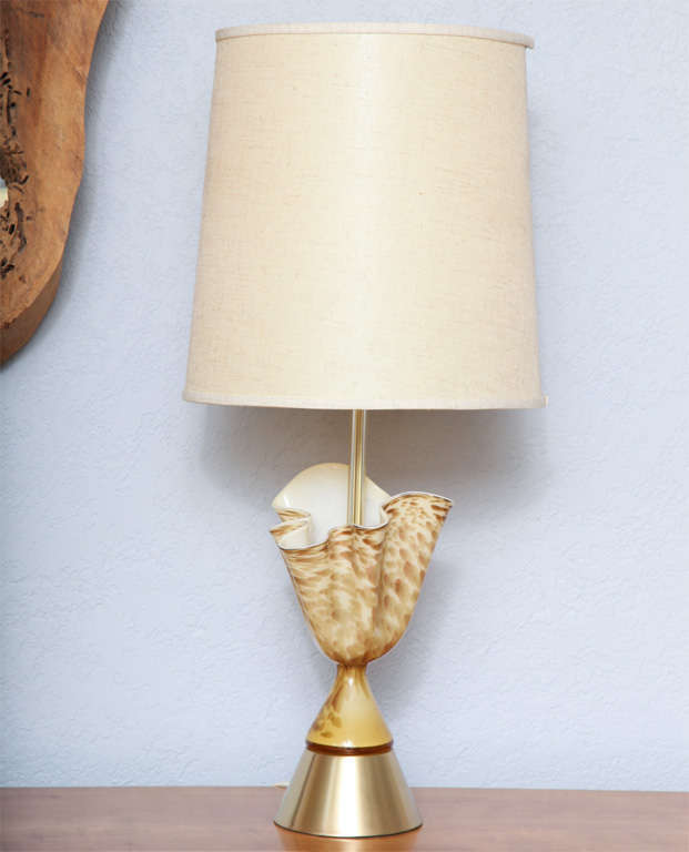 Mid-Century Modern Pair of Rare Murano Glass Handkerchief Lamps on Brass Base, 1950's