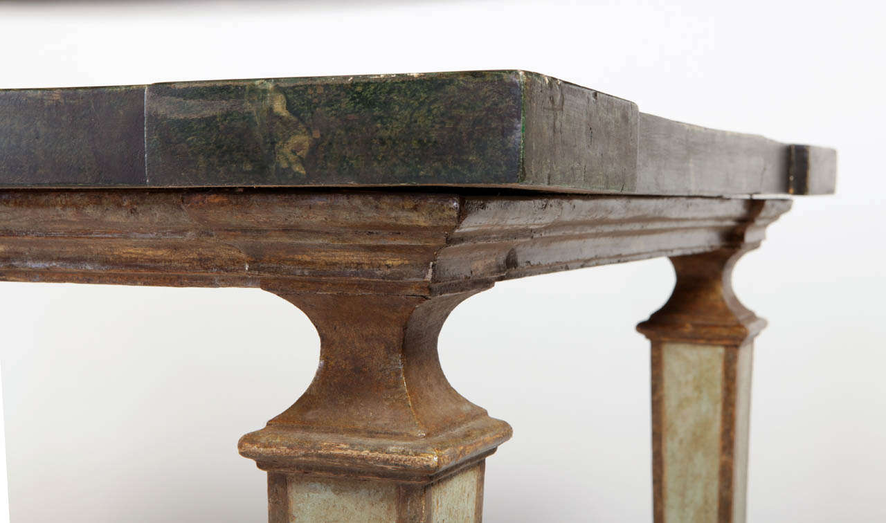 A Fine Italian 17' century Painted and Parcel- gilt Center Table  with a Painted Faux -Marble Top. cm; 168x85x68