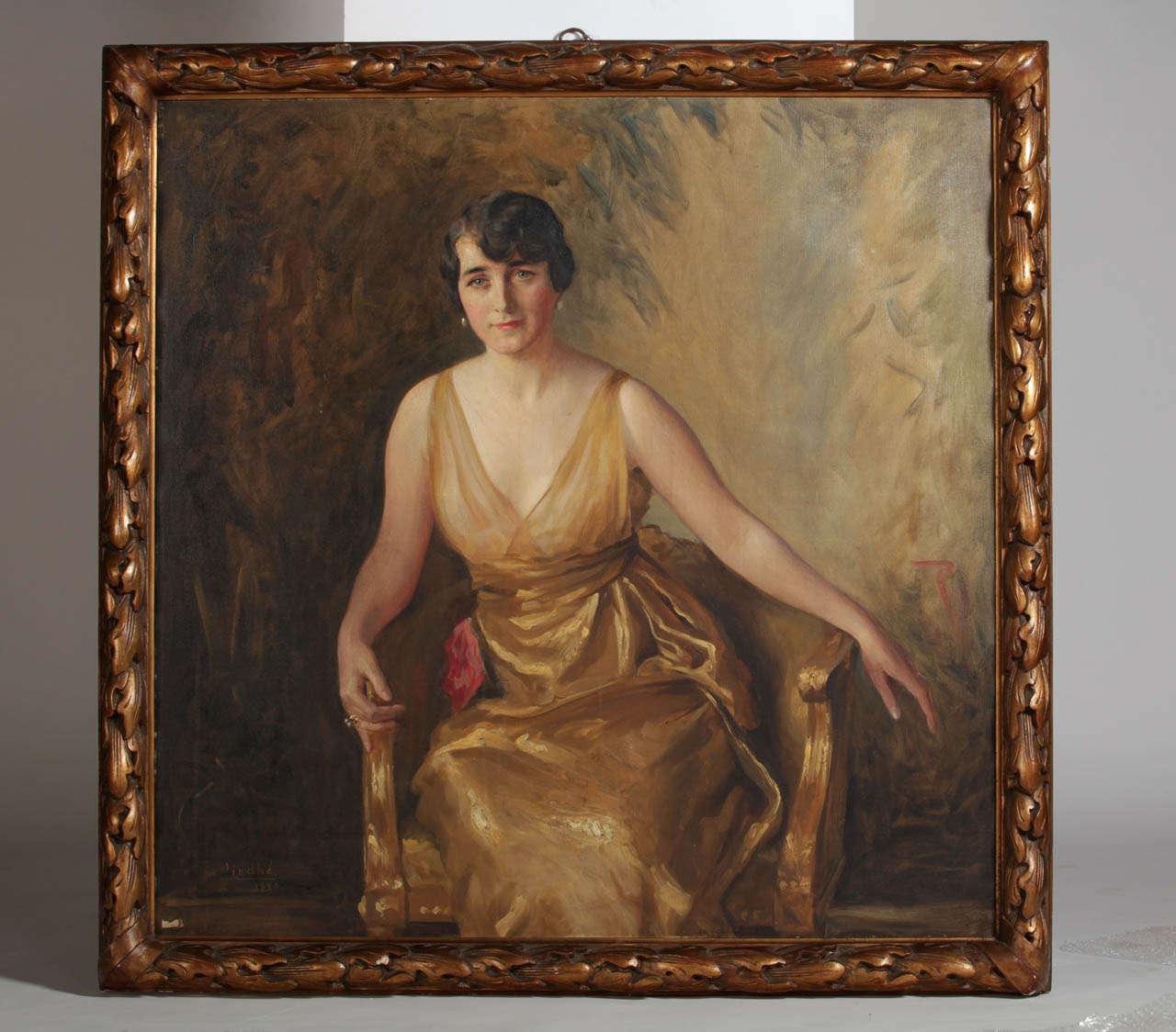 IVAN LINDHE (1875-1931) PORTRAIT OF A YOUNG LADY Seated  with a carved and giltwood frame.
 Signed and dated 1920, oil on canvas, cm 115x115 frame 130x130