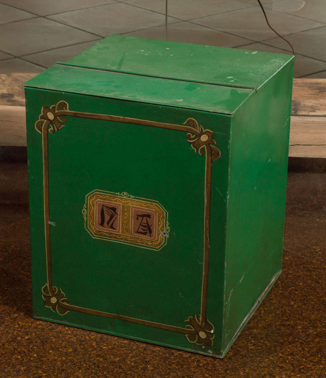 Large-Scale Green Tin Bin, English circa 1880