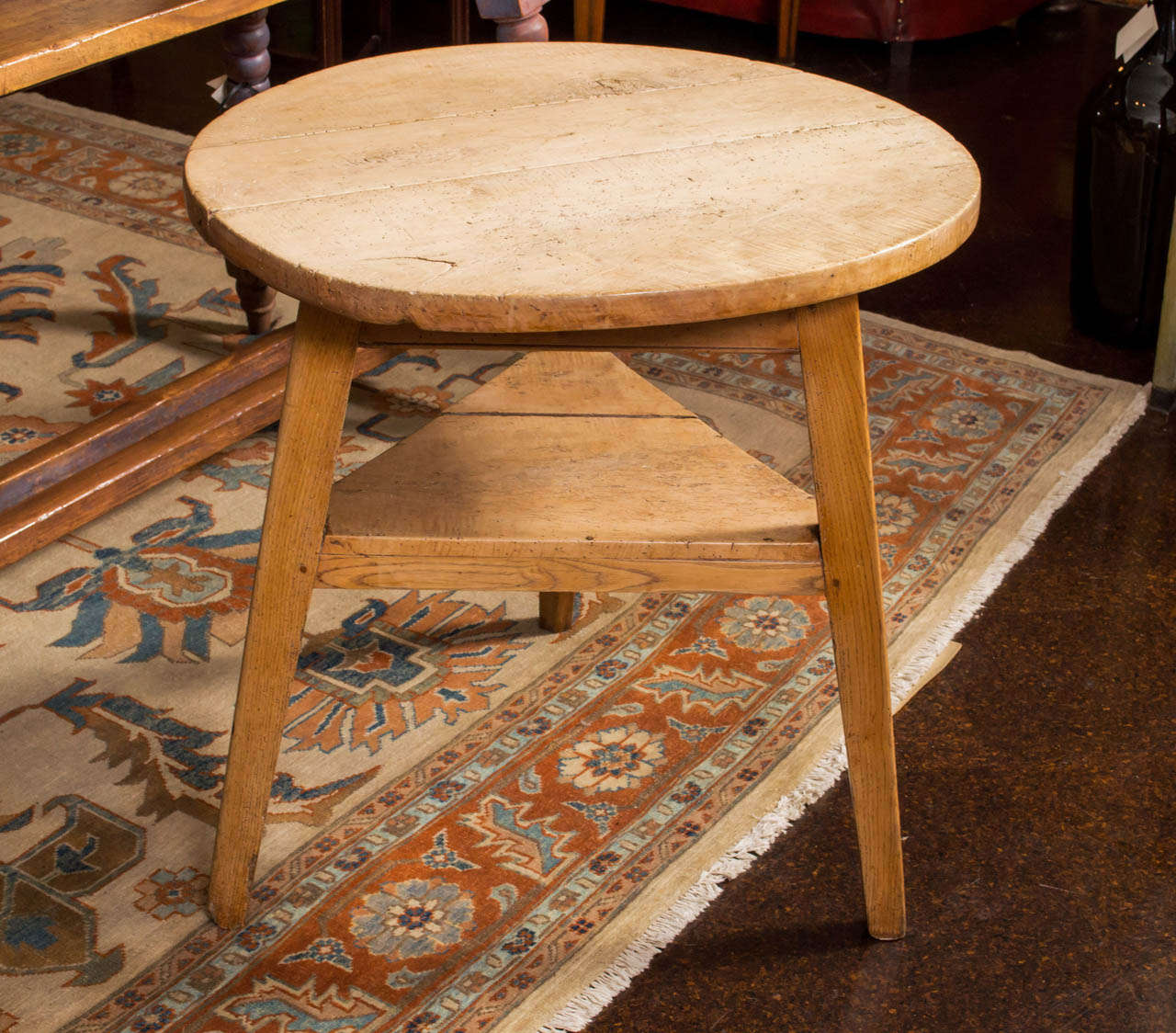 Chunky Sycamore Cricket Table with Triangular Shelf, English, circa 1860