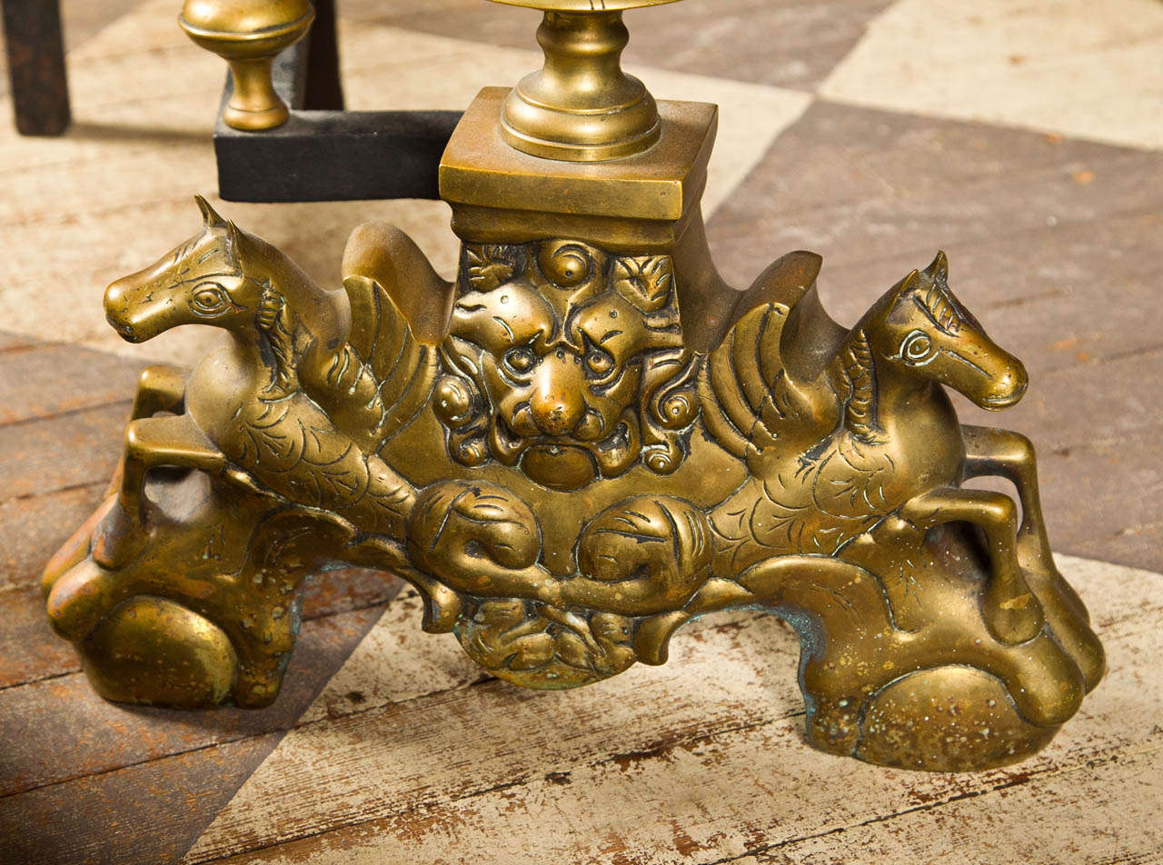Dramatic Pair of  Brass Andirons In Excellent Condition For Sale In Woodbury, CT