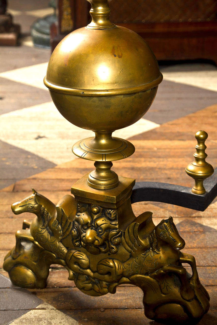 Dramatic Pair of  Brass Andirons For Sale 1