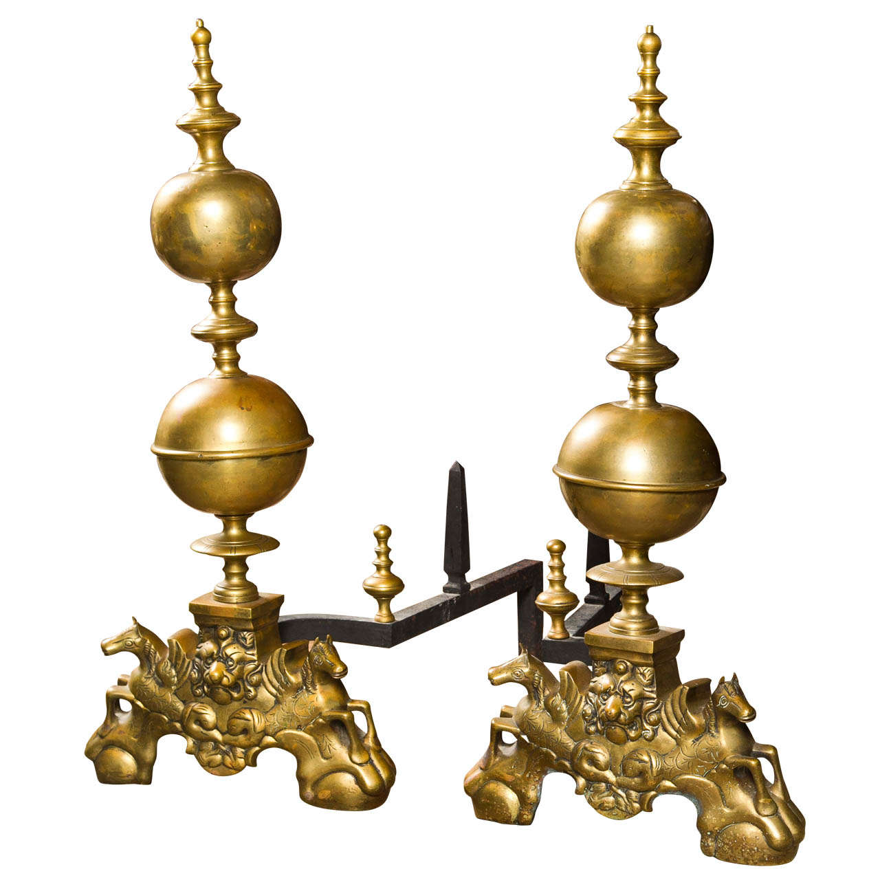 Dramatic Pair of  Brass Andirons For Sale