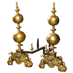 Dramatic Pair of  Brass Andirons