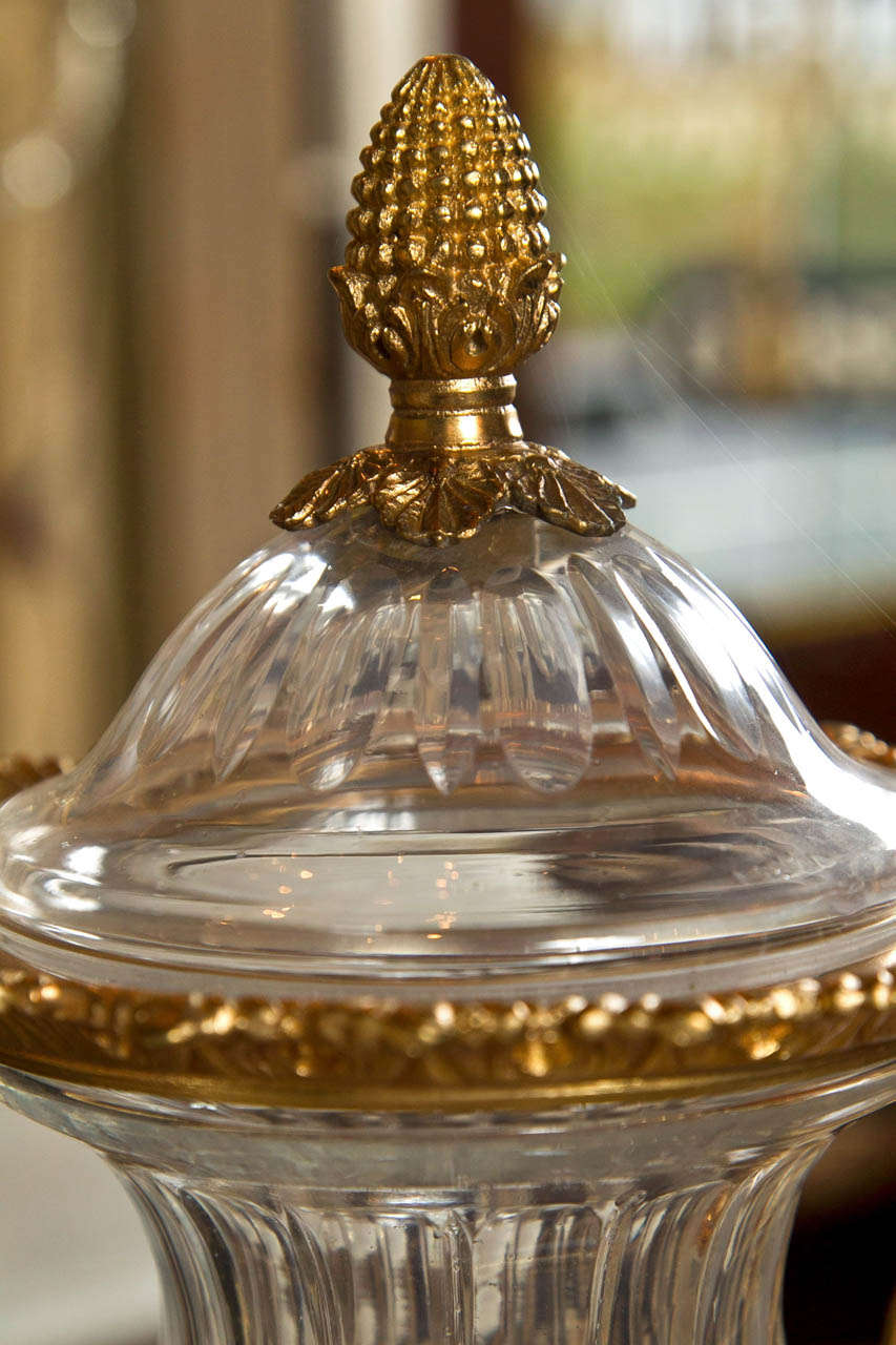 Gilt Pair of  Glass and Dore Bronze Lidded Vases For Sale