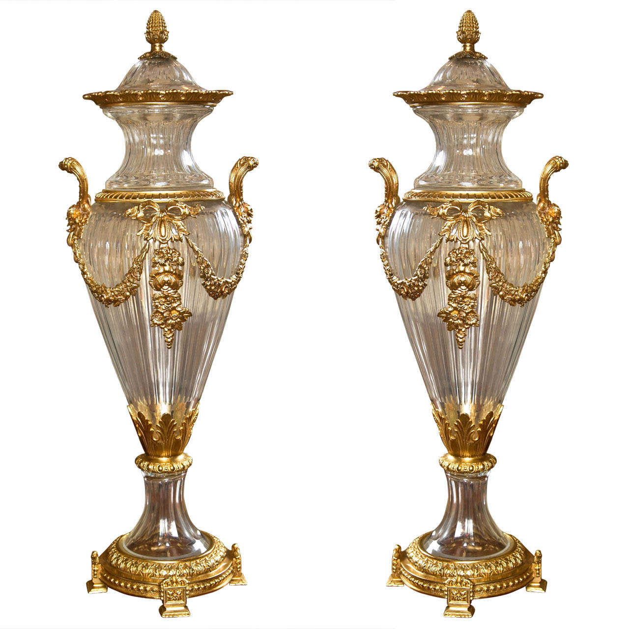 Pair of  Glass and Dore Bronze Lidded Vases For Sale