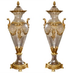 Pair of  Glass and Dore Bronze Lidded Vases