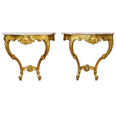 Pair Marble Top Gilt Wood Louis XV Style Consoles