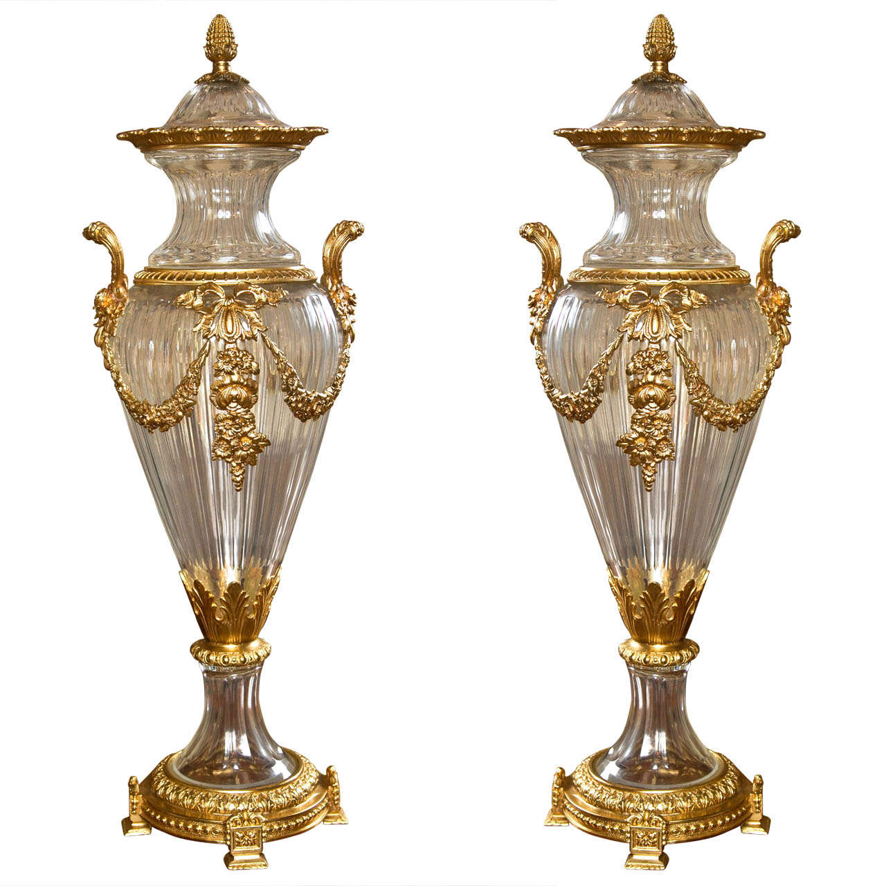 Pair of Glass and Dore Bronze Lidded Vases For Sale at 1stDibs