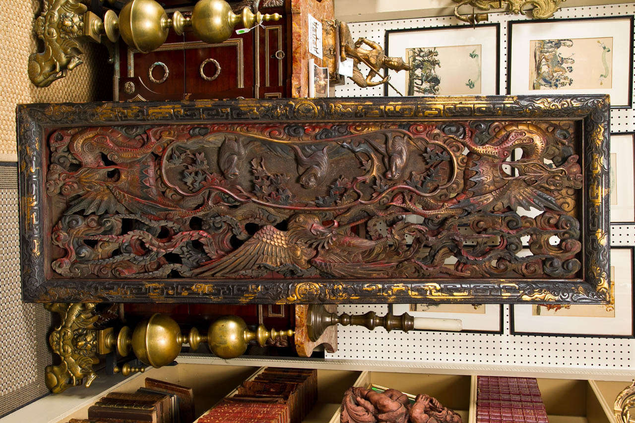 Unusual Deeply Carved and Painted Japanese Wood Panel For Sale at 1stdibs