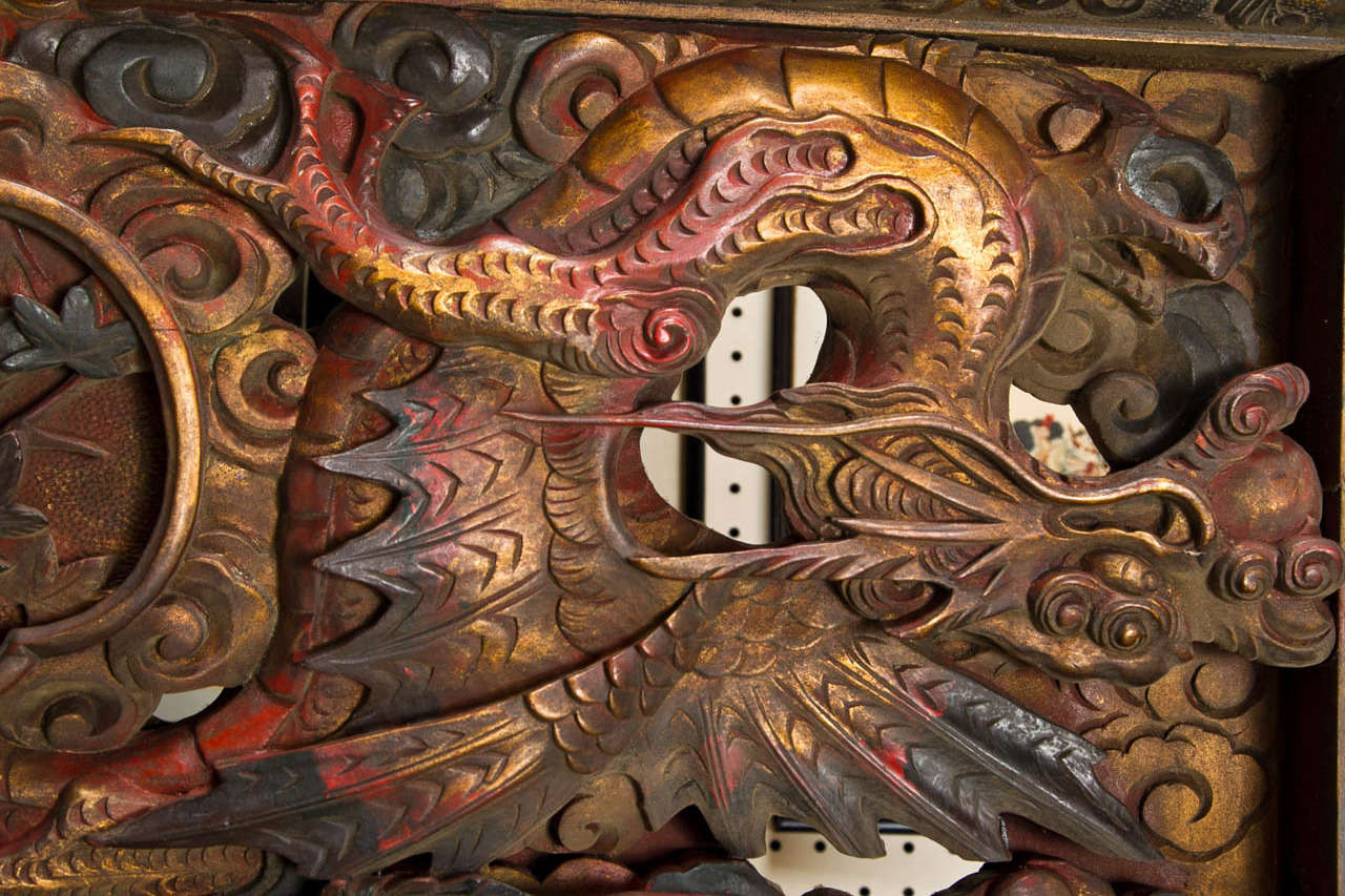 Unusual Deeply Carved and Painted Japanese Wood Panel at 1stDibs