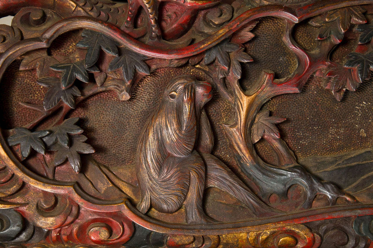 Unusual Deeply Carved and Painted Japanese Wood Panel at 1stDibs