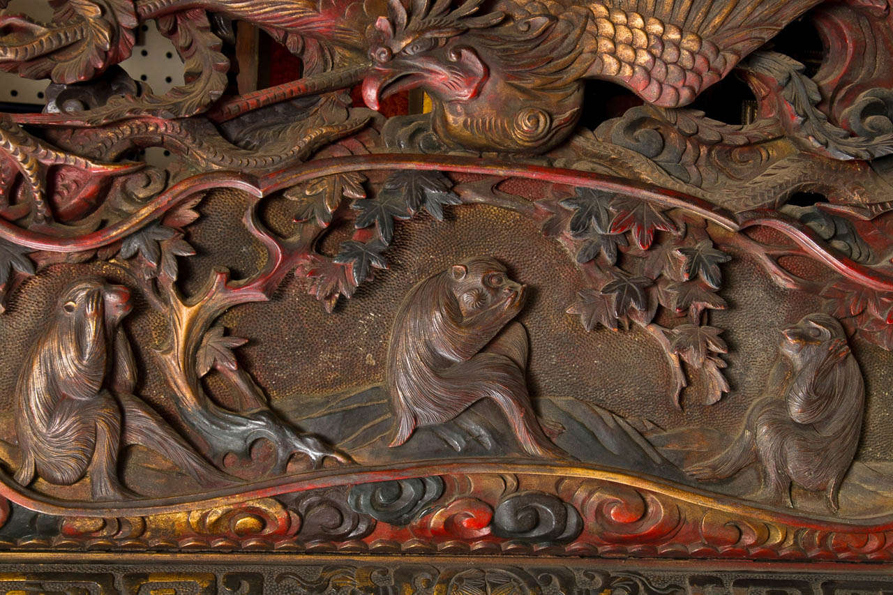 Unusual Deeply Carved and Painted Japanese Wood Panel at 1stDibs