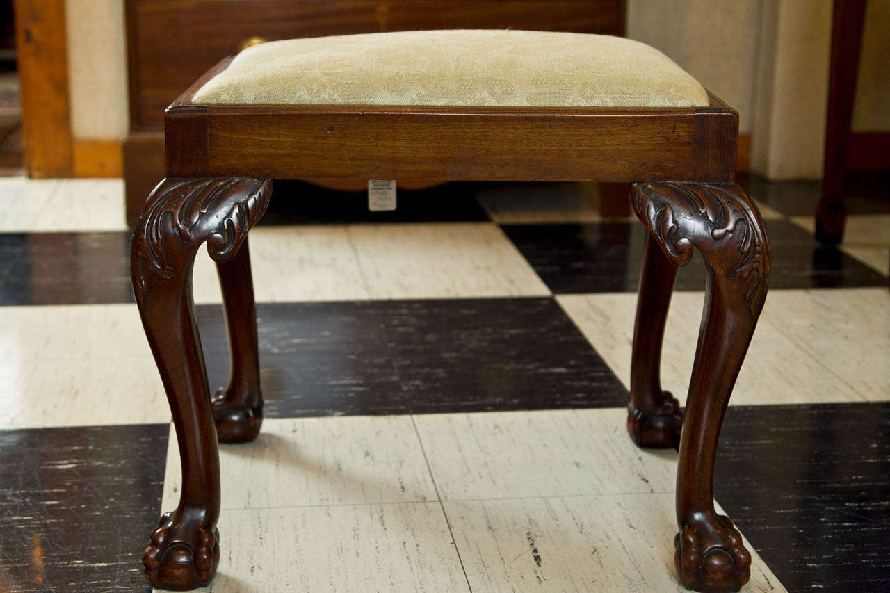 About the size of a dining chair, this little bench tucks neatly under a sideboard or table until such time that it is needed. On four well-executed cabriole legs with deeply carved acanthus relief and claw and ball feet, it looks good from any