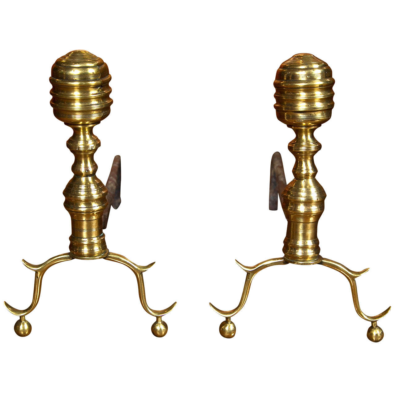 Pair of Brass Beehive Andirons