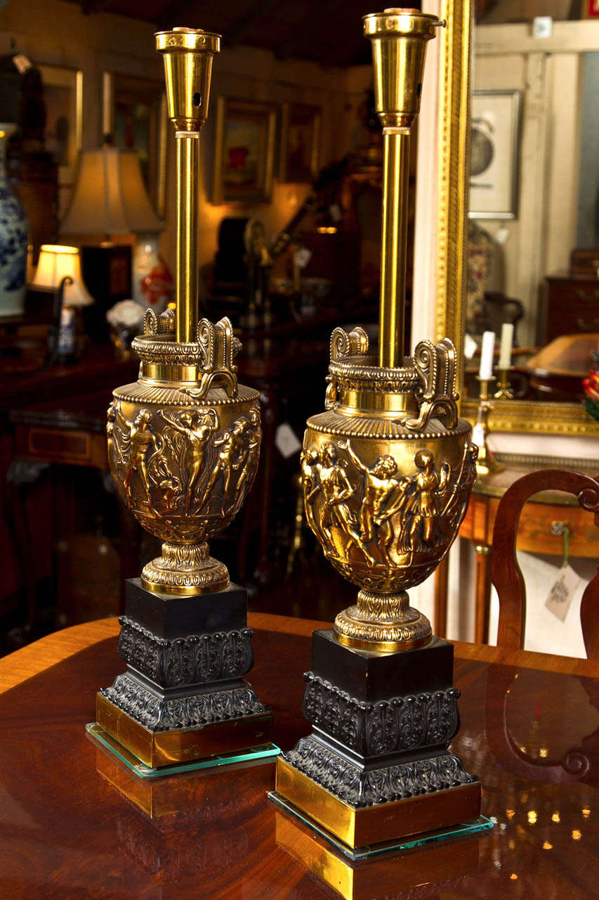 Pair of Bronze and Brass Urn Lamps 1