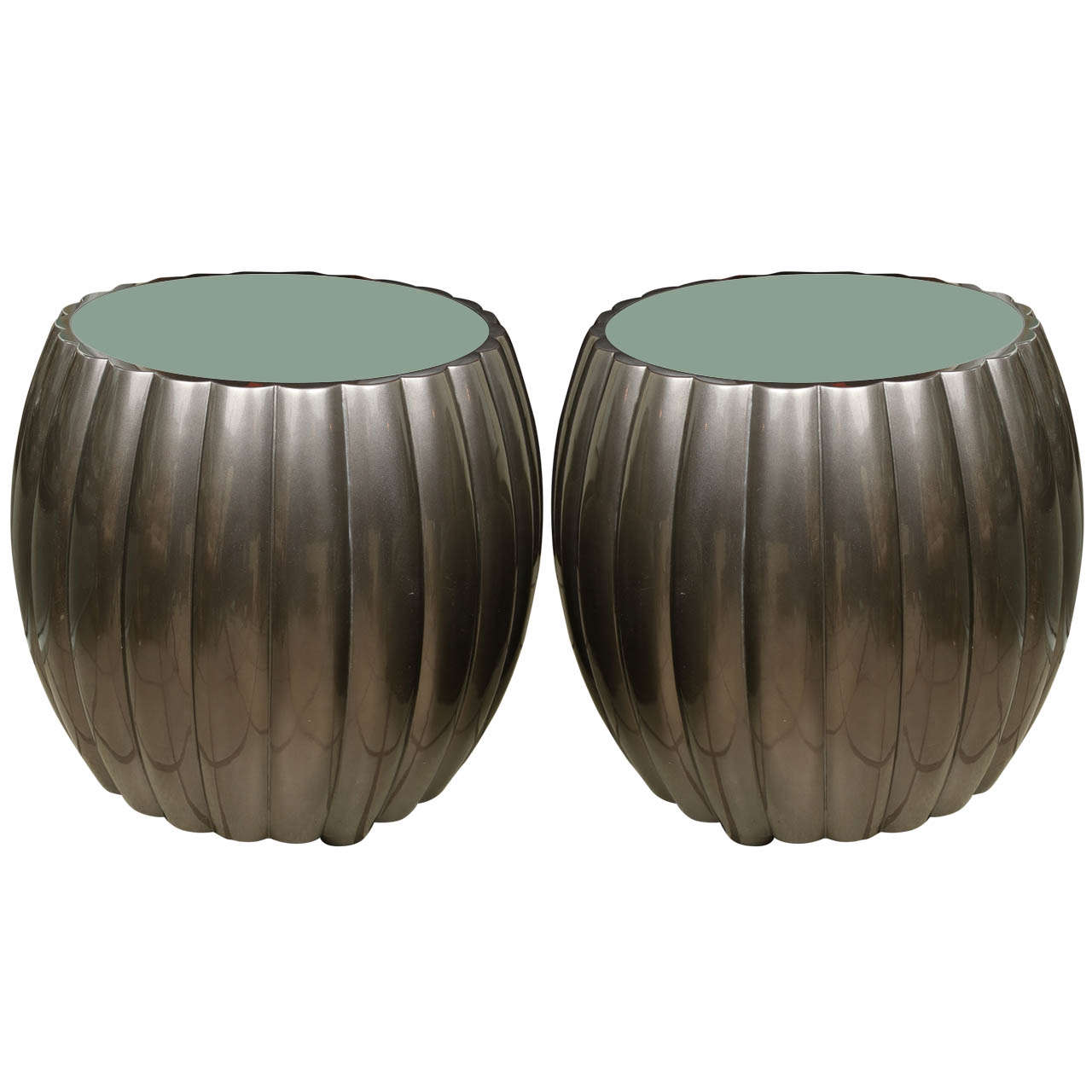 Pair of Barrel Form Side Tables with Gray Metallic Finish and Frosted Glass Tops