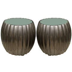 Pair of Barrel Form Side Tables with Gray Metallic Finish and Frosted Glass Tops