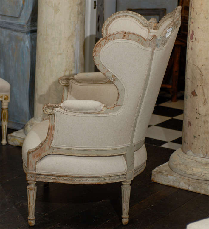Painted French 19th Century Louis XVI Style Bergère à Oreilles with Tabouret