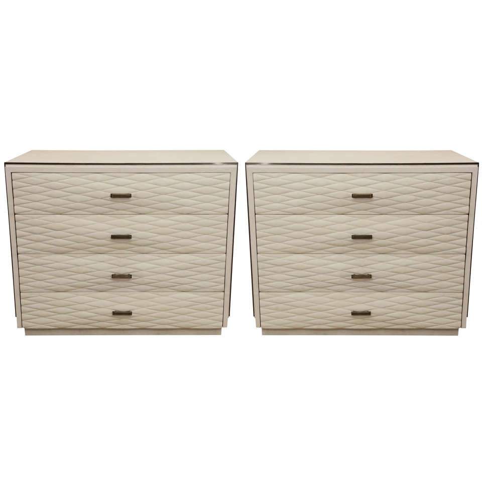 Pair of White Shagreen 4-Drawer Commodes with Quilted Drawers