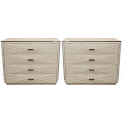 Pair of White Shagreen 4-Drawer Commodes with Quilted Drawers