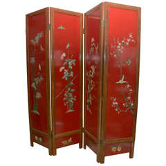 Vintage Chinese Red Lacquer 4-Panel Screen