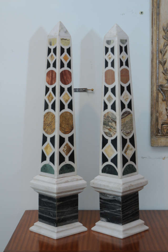 A Pair of Specimen Marble Pietra Dura Obelisks, Italy