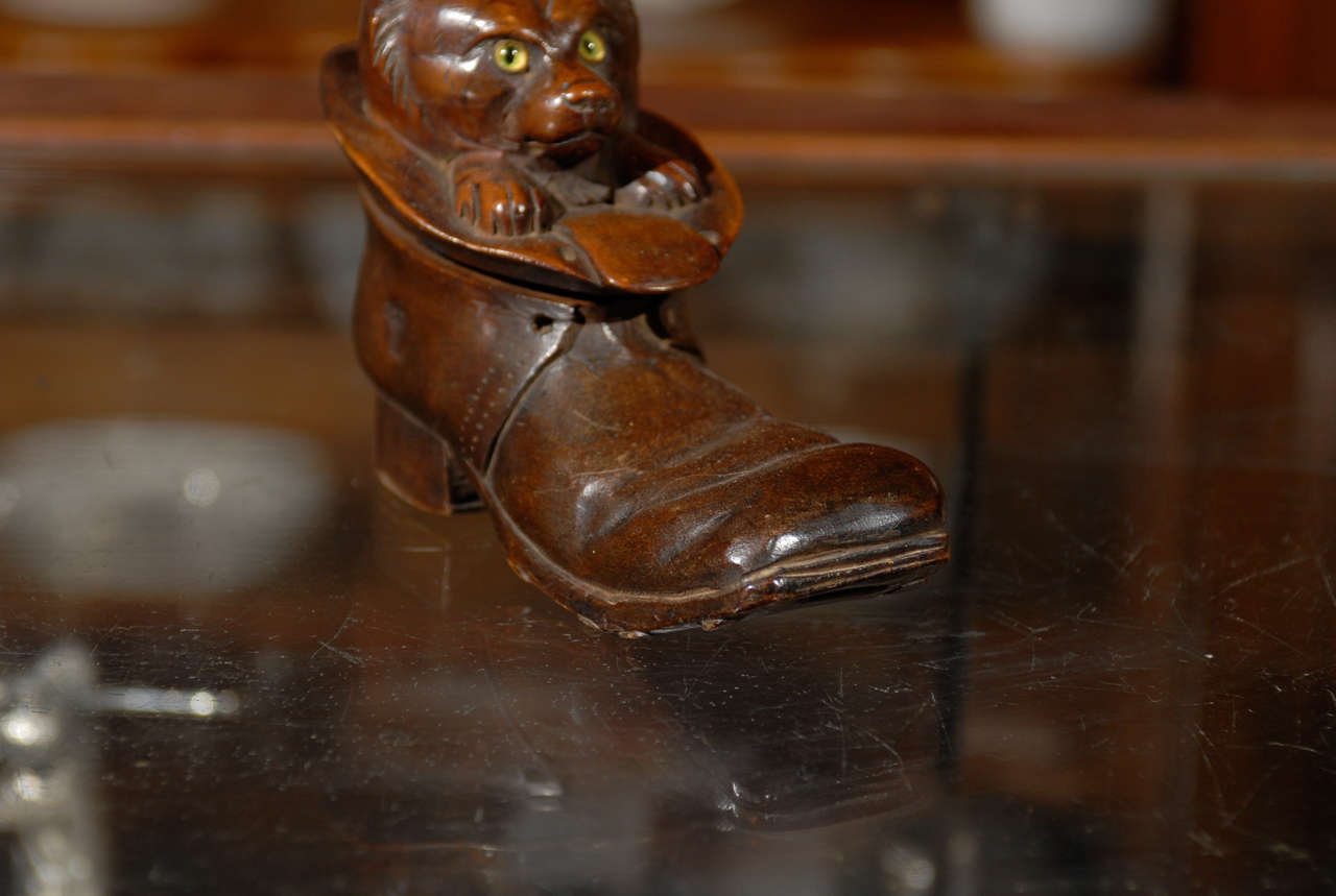 Hand-Carved German Black Forest Carved Wood Cat in Boot inkwell from the Early 1900s