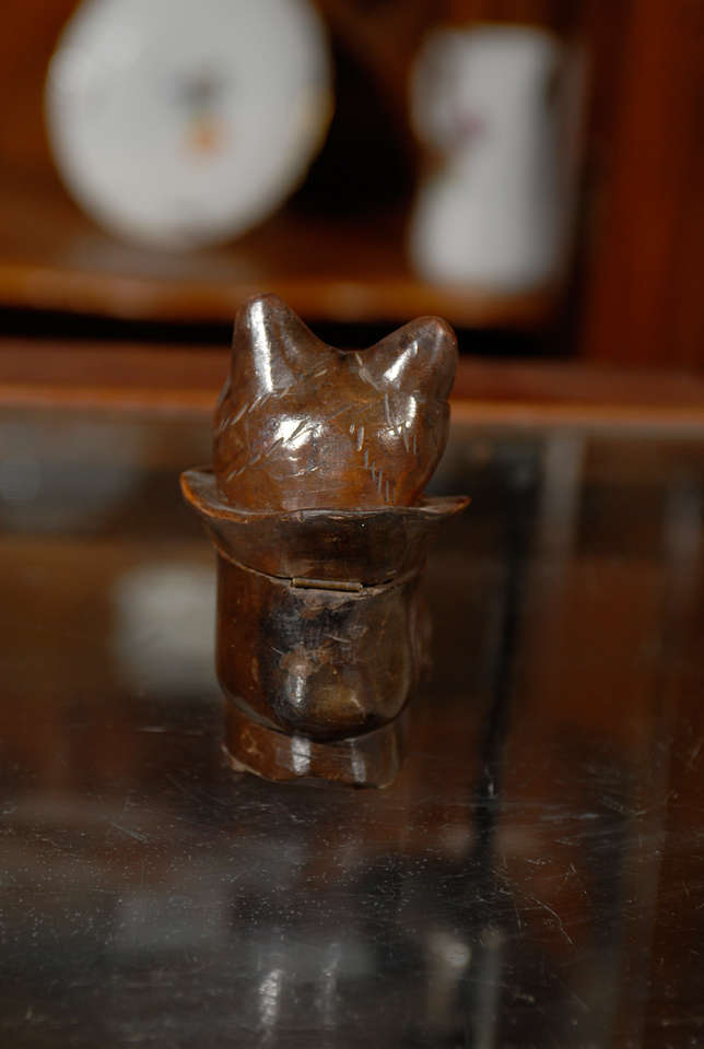 20th Century German Black Forest Carved Wood Cat in Boot inkwell from the Early 1900s