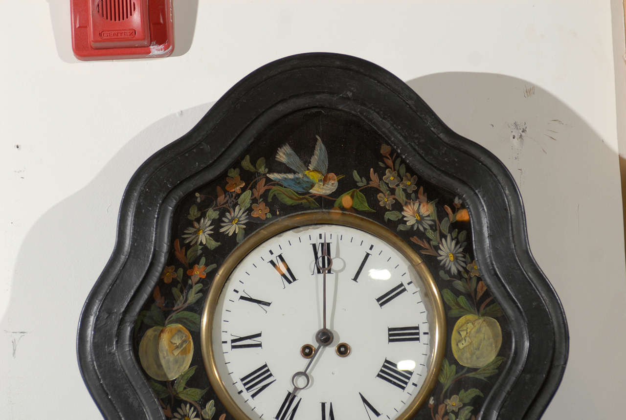 French Oeil de Boeuf (Eye of the Bull) Painted Clock with Birds, Fruit, and Flowers