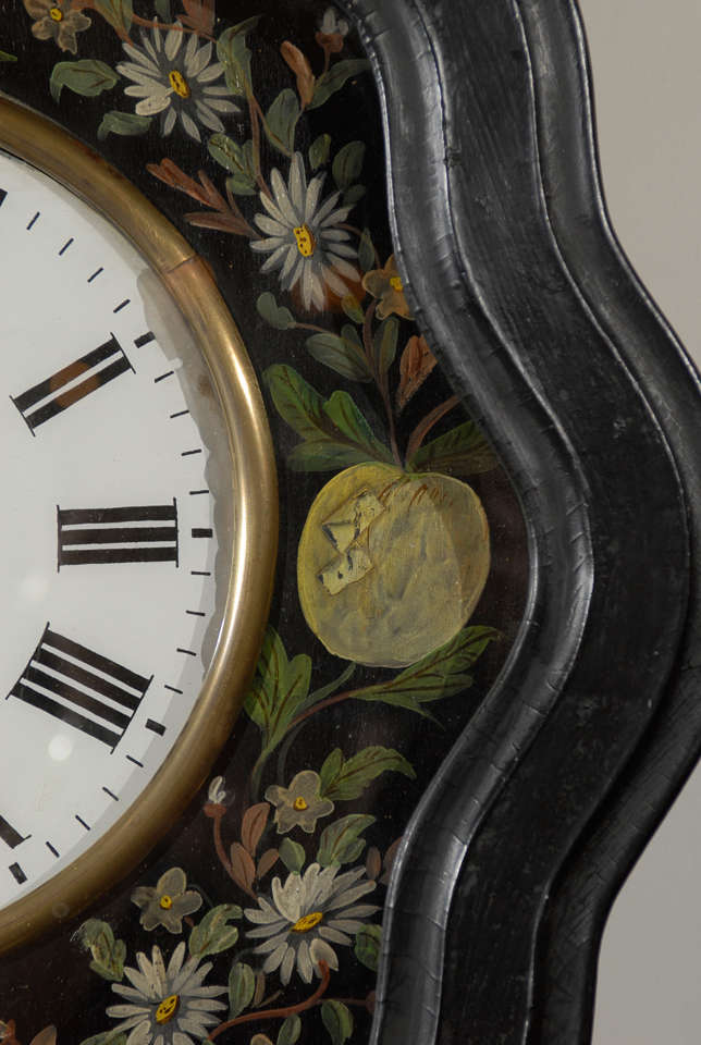 Wood Oeil de Boeuf (Eye of the Bull) Painted Clock with Birds, Fruit, and Flowers