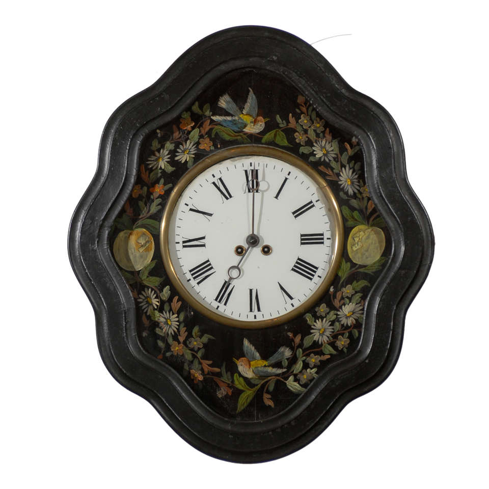 Oeil de Boeuf (Eye of the Bull) Painted Clock with Birds, Fruit, and Flowers