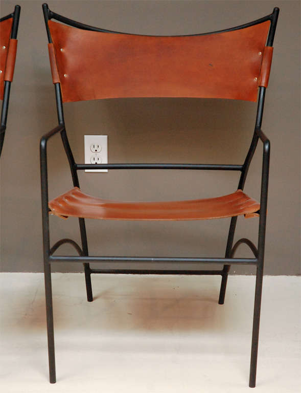 American Pair of Iron and Leather Chairs