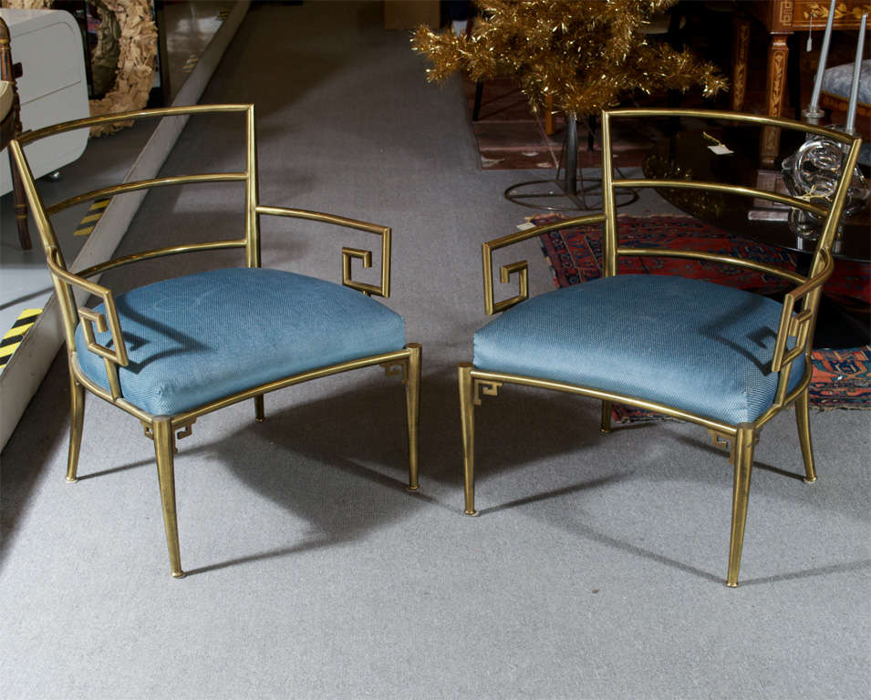 Stunning pair of Brass Mastercraft Greek Key lounge chairs c.1970's Chairs are just waiting for upholstery fabric to match your decor.
*This item is located at our Lombard St store 415-929-2288*