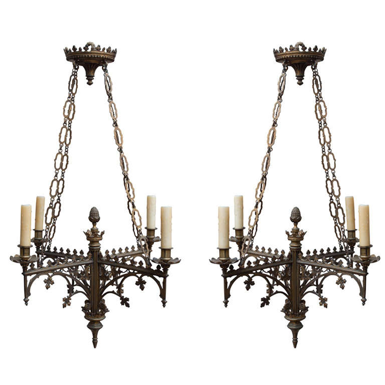 Pair of Continental Gothic Style, Four-Light Chandeliers