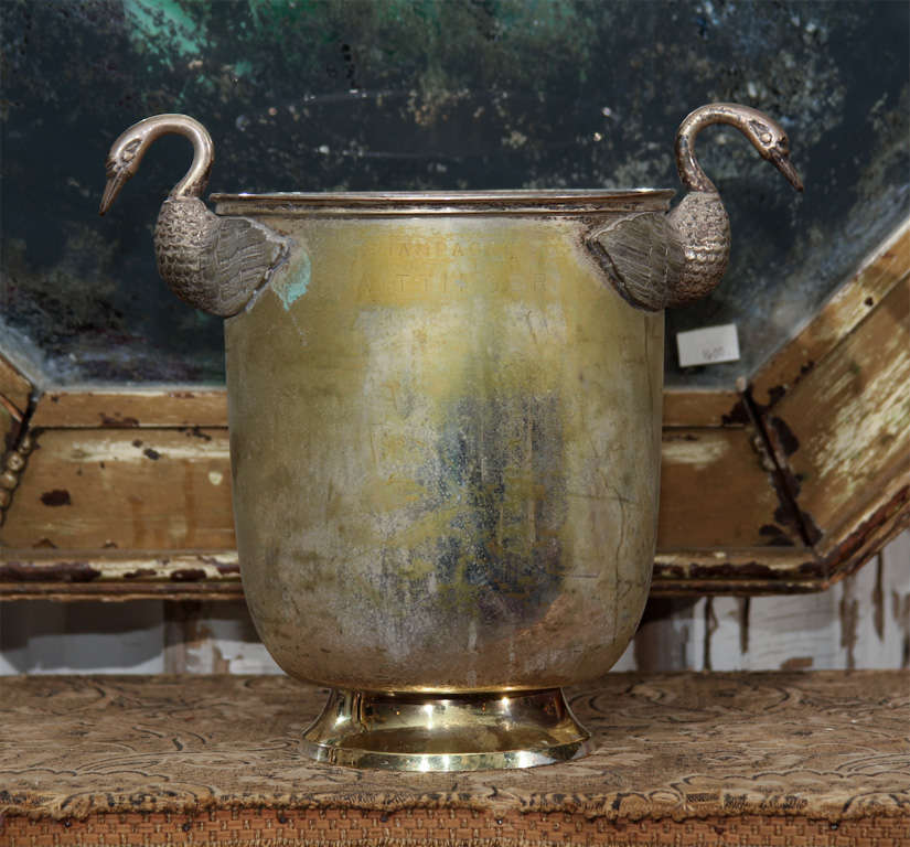 lovely, worn Taittinger champagne bucket with swan handles