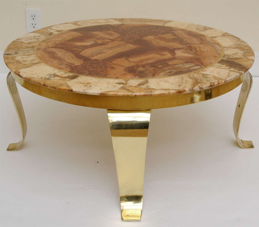 Mexican Onyx Marble and Brass Signed Cocktail Table In Excellent Condition In North Miami, FL