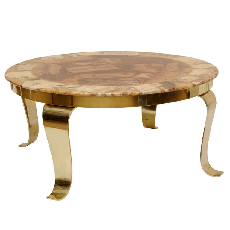 Mexican Onyx Marble and Brass Signed Cocktail Table